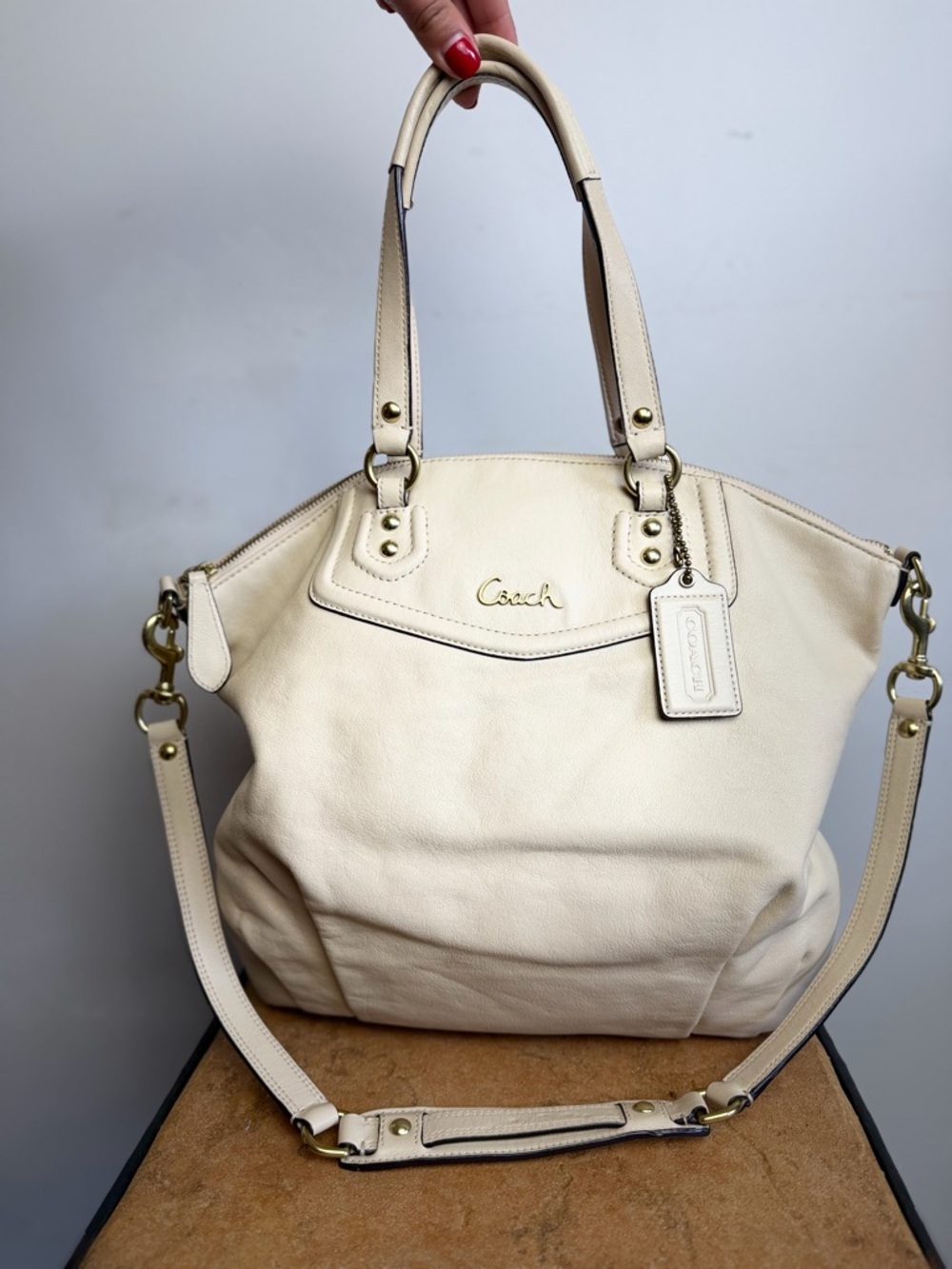 Coach Ashley Leather Convertible Satchel Beige Large Shoulder Bag